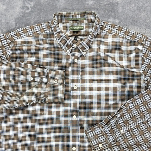 Eddie Bauer Button Shirt Mens 2XL Brown Plaid Relaxed Wrinkle Resistant Casual - Picture 1 of 9